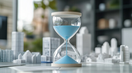 sleek modern hourglass on desk with blue sand, surrounded by miniature buildings, symbolizes passage of time in contemporary workspace