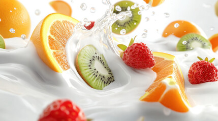 swirling vortex of milk with vibrant fruit slices, including oranges, strawberries, and kiwi, creates refreshing and dynamic scene. splash adds excitement and energy