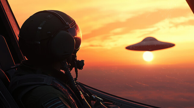 sunset fighter pilot gazes at UFO floating in sky, creating sense of wonder and intrigue. vibrant colors of sunset enhance dramatic scene