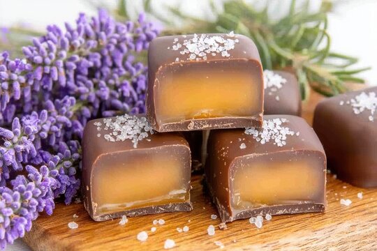 Indulgent closeup of rich glossy chocolate caramel squares kitchen table food cozy home overhead view delectable treats for sweet lovers