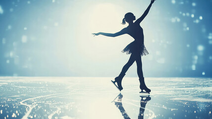 A female figure skater performs a graceful spin on the ice, her flowing dress accentuating her movements. Light reflects beautifully on the surface, creating a magical atmosphere.