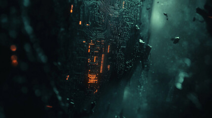Deep exploration of a futuristic circuit board in a dark environment. 