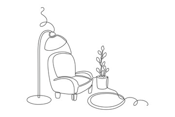 Cozy room interior drawn with continuous line in minimalism, abstract style, armchair, flower, rug, floor lamp, one line, editable vector contour