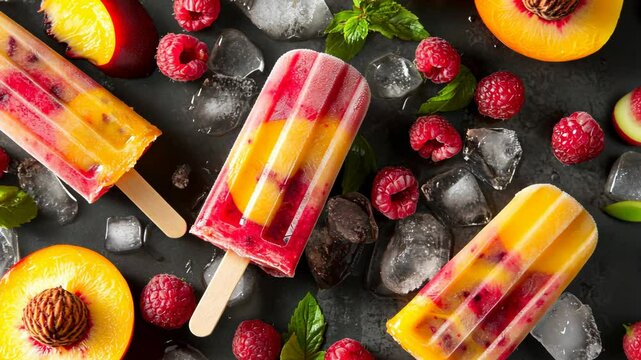 Summer fruit popsicles made with fresh peaches and raspberries on ice in a vibrant display
