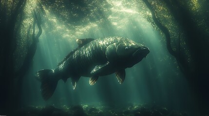 Fototapeta premium Majestic Carp Illuminated Underwater in Dark Forest