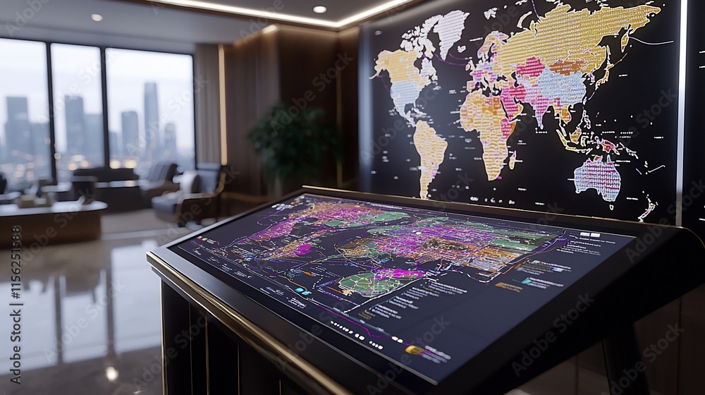 Poster Modern office with interactive world map display.