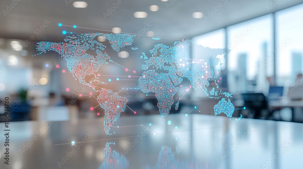 Poster Global network connection concept visualized as a 3D world map hologram above a blurred office background.