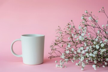 Fototapeta premium A white mug mockup adorned with white flowers, positioned on the right side of a flat lay composition against a pastel background in natural light. MZ