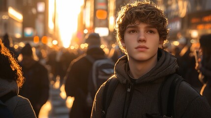 Obraz premium Young man in a crowd during sunset.