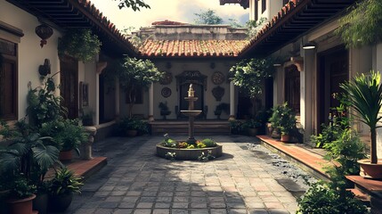 Naklejka premium Sunlit courtyard with fountain, tropical plants, and traditional architecture.
