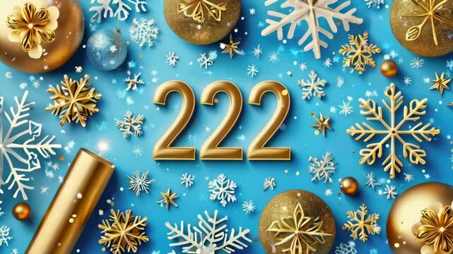 Festive arrangement featuring gold numbers 222, snowflakes, and ornaments on a blue background.