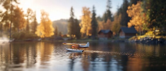 Seaplane landing on a serene lake surrounded by autumn trees.