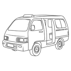 Angkot public transportation in Indonesia. Thin line illustration.