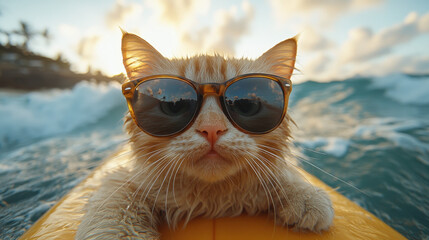 playful orange cat wearing sunglasses enjoys sunny day at beach, floating on surfboard amidst waves. scene captures fun and adventurous spirit