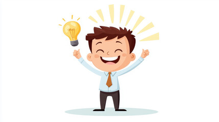 A cheerful cartoon boy in a blue shirt and tie holds a glowing lightbulb, symbolizing inspiration and new ideas.