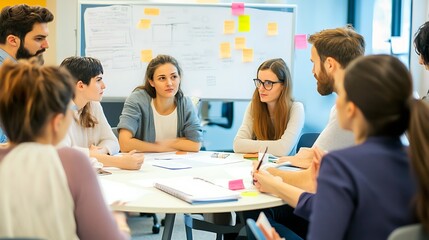 A group of people are sitting around a table, some of them are writing