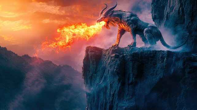 A striking fire-breathing chimera with a lion&rsquo;s head, goat&rsquo;s head, and serpent&rsquo;s tail perched majestically on a cliffside, exuding an aura of mythical power and danger against a dramatic sky.
