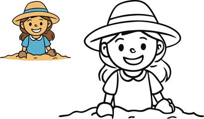 A cheerful girl in a Panama hat playing in the sand, smiling and enjoying the beach, with waves in the background. A fun and relaxing scene perfect for coloring.