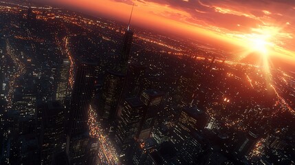 Aerial view of city skyline at sunset.