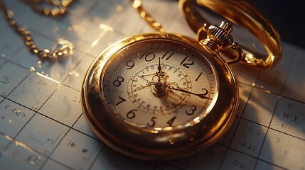 Antique gold pocket watch on grid background.