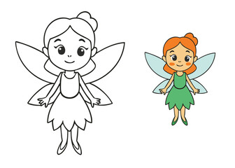 A whimsical coloring page featuring a cute fairy with delicate wings, surrounded by flowers and sparkles, perfect for kids to add their colorful touch to a magical scene.