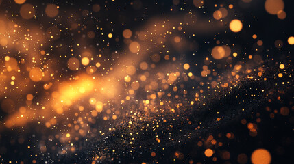 Fototapeta premium Sparkling golden particles create a mesmerizing visual effect in dark space. 