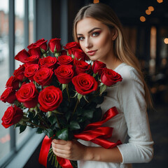 White girl with bunch of red roses, cinematic view loving and romantic image for valentine day