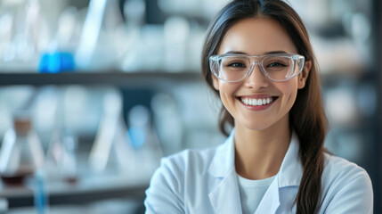 Fototapeta premium smiling woman in lab coat and safety glasses stands confidently in laboratory filled with scientific equipment. Her expression conveys enthusiasm and professionalism