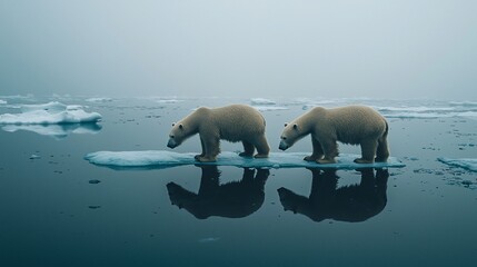 Two polar bears walk on a small ice floe in a misty arctic sea.