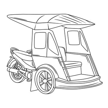 Traditional rickshaws with automatic engines are called bentors from Indonesia. Thin line illustration.