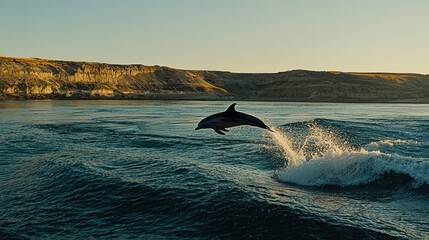 Obraz premium Dolphin leaping from ocean waves at sunset near cliffs.