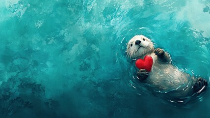 adorable sea otter floating on its back in water, holding red heart in paws, background teal water surface, banner with copy space. Valentine's Day card, kindness, love, birthday greeting card concept