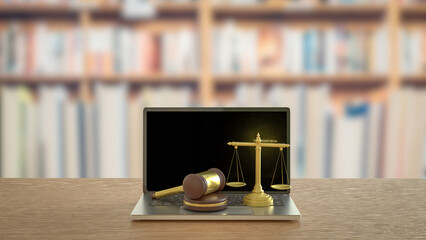 The Wood hammer and Libra on labtop for law concept 3d rendering.