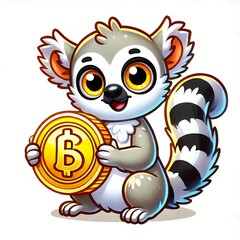 Obraz premium Cute Lemur Holding Gold Coin Cartoon Vector Icon Illustration