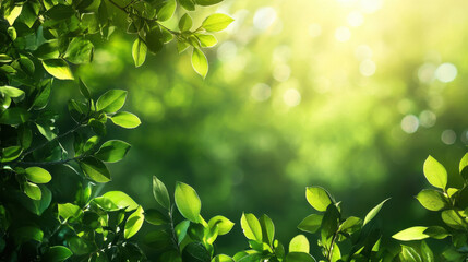 Lush green leaves create vibrant, serene atmosphere with soft sunlight filtering through. This natural backdrop evokes sense of tranquility and freshness