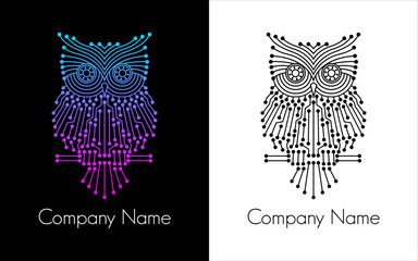 circuit board logo owls with Company Name text on contrasting backgrounds suitable for tech company logos or branding logos.