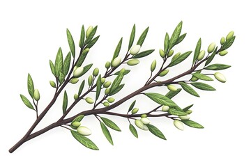 Fototapeta premium Green Olive Branch with Leaves and Unripe Olives on a White Background for Use in Illustrations and Design Projects