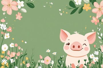 A cute piggy portrait isolated on green background.