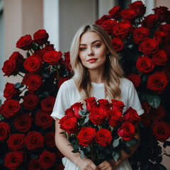 White girl with bunch of red roses, cinematic view loving and romantic image for valentine day