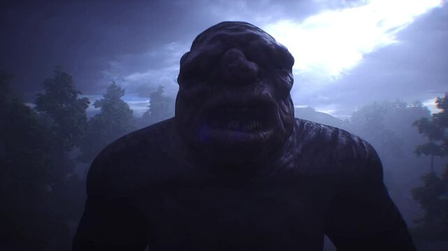 Big ugly scary troll, goblin walk in night fog forest. Horror mystic concept. Realistic 4k animation.