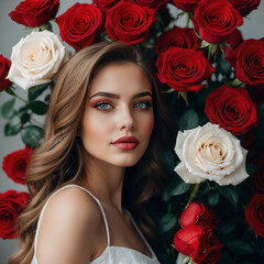 White girl with bunch of red roses, cinematic view loving and romantic image for valentine day