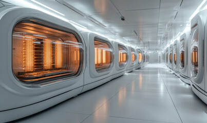 Fototapeta premium A quantum computing data center with rows of advanced cooling systems and glowing quantum processors in a sleek