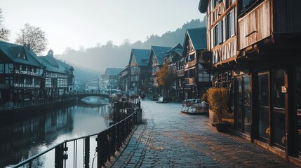 Misty morning street scene along canal in quaint European village.