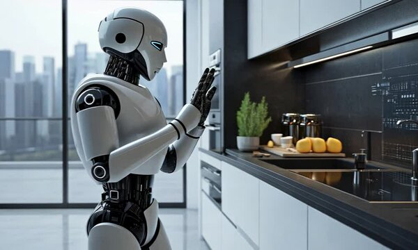 A futuristic robot interacts with a sleek kitchen countertop, showcasing advanced technology.