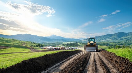 Obraz premium Construction Vehicle on Scenic Landscape with Blue Sky