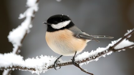Fototapeta premium Small bird perched on snow-covered branch in winter.