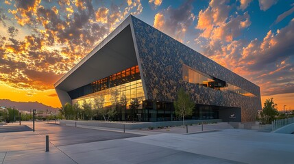 Obraz premium Modern Building Sunset Sky Dramatic Architecture