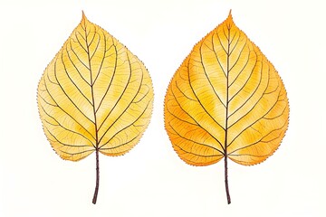 Two Vibrant Yellow Leaves Displaying Intricate Veins on a White Background for Seasonal Inspiration and Nature Themes