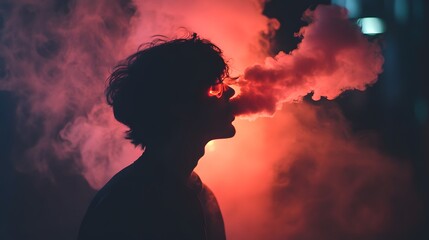 Silhouetted Person Exhaling Vapor In Red Lighting