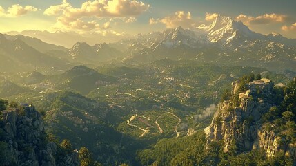 Fototapeta premium Panoramic view of a valley nestled in majestic mountains at sunset.